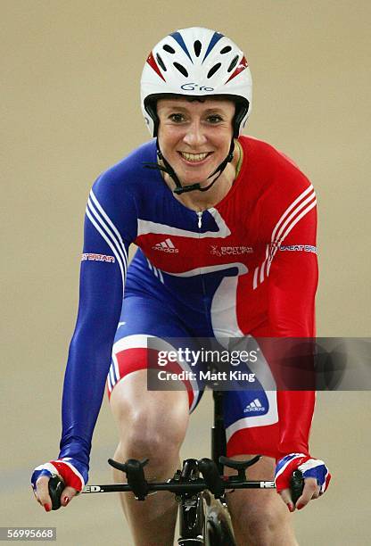 Wendy Houvenaghel of Great Britain celebrates after winning the Womens Individual Pursuit Final during day two of the 2006 UCI Track Cycling World...