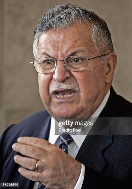Iraqi President Jalal Talabani speaks to the press following his meeting with General John Abizaid, the head of US Central Command on March 4, 2006...