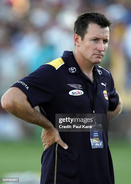Eagles coach John Worsfold looks on at three quarter time during the NAB Challenge match between the West Coast Eagles and St Kilda Saints at Rushton...