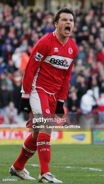 Mark Viduka of Middlesbrough celebrates his goal during the Barclays Premiership match between Middlesbrough and Birmingham City at The Riverside...