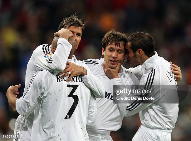 Antonio Cassano of Real Madrid celebrates after scoring a goal during the Primera Liga match between Real Madrid and Atletico Madrid at the Santiago...