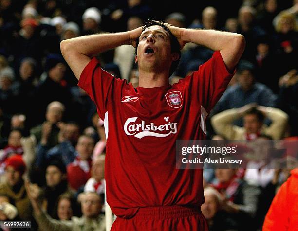 Robbie Fowler of Liverpool holds his head in frustration after his goal was disallowed during the Barclays Premiership match between Liverpool and...