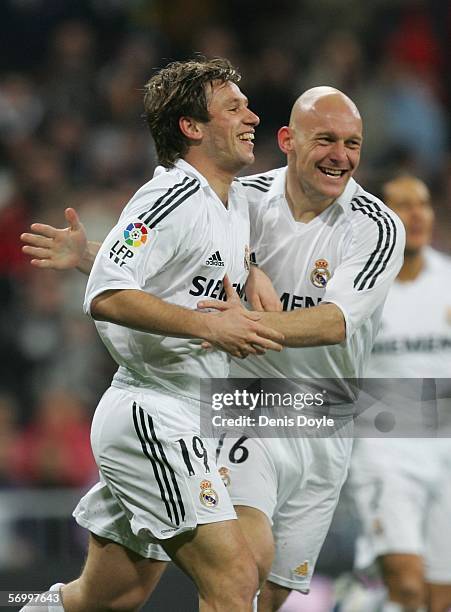 Antonio Cassano of Real Madrid celebrates with Thomas Gravesen after scoring a goal during the Primera Liga match between Real Madrid and Atletico...