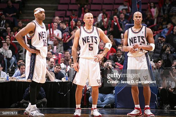 Vince Carter, Jason Kidd and Richard Jefferson of the New Jersey Nets during overtime against the Toronto Raptors on March 4, 2006 at the Continental...