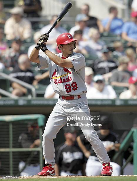 So Taguchi of the St. Louis Cardinals bats during a Spring Training game against the Florida Marlins on March 4, 2006 at Roger Dean Stadium in...