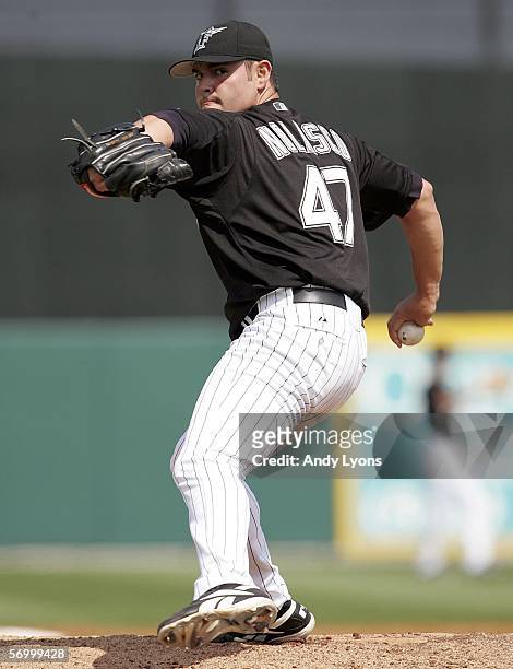 Ricky Nolasco of the Florida Marlins pitches during a Spring Training game against the St. Louis Cardinals on March 4, 2006 at Roger Dean Stadium in...