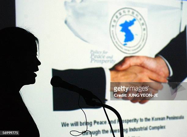 Kaesong, DEMOCRATIC PEOPLE'S REPUBLIC OF: TO GO WITH "NKOREA-SKOREA-US-TRADE-FTA" The silhouette of a North Korean woman is seen as she speaks to a...