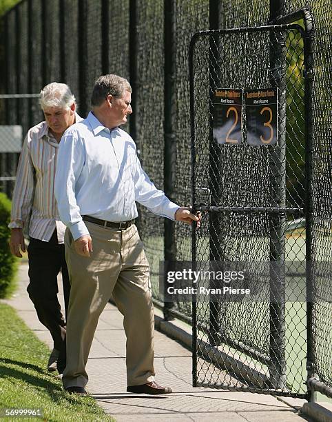 Paul McNamee, former Chief Executive of Tennis Australia and Geoff Pollard , Chairman of Tennis Australia arrive at a press conference to discuss...