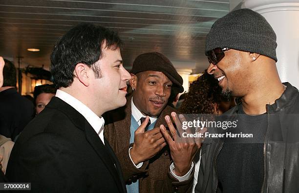 Talk show host Jimmy Kimmel talks with Marlon Wayans and Damon Wayans at the IFC's Independent Spirit Awards After Party held at Shutters Hotel, on...