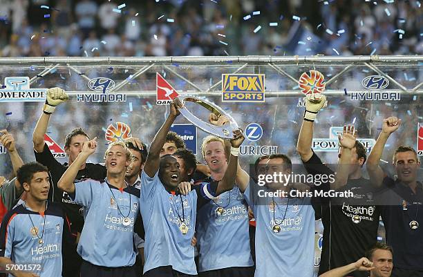 Sydney FC captain Dwight Yorke celebrates with team mates during the Hyundai A-League Grand Final between Sydney FC and the Central Coast Mariners...