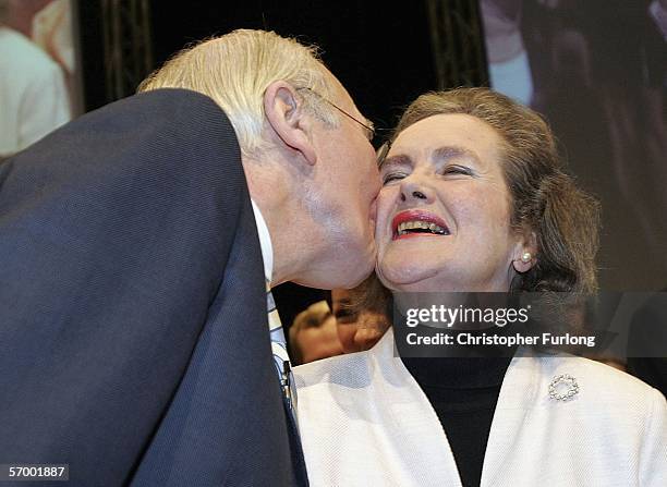 Liberal Democrat party leader Sir Menzies Campbell gives his wife Elspeth a kiss as he takes the applause after his first major speech to his party...