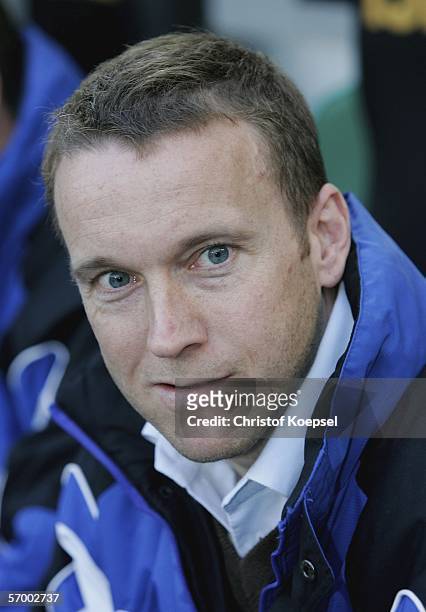 Assistant coach Frank Geideck of Bielefeld sits on the bench during the Bundesliga match between Borussia Monchengladbach and Arminia Bielefeld at...