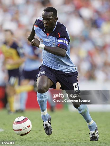 Dwight Yorke of Sydney FC dribbles the ball during the Hyundai A-League Grand Final between Sydney FC and the Central Coast Mariners at Aussie...