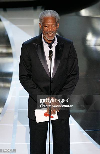 Actor Morgan Freeman presents the Best Supporting Actress award on stage during the 78th Annual Academy Awards at the Kodak Theatre on March 5, 2006...