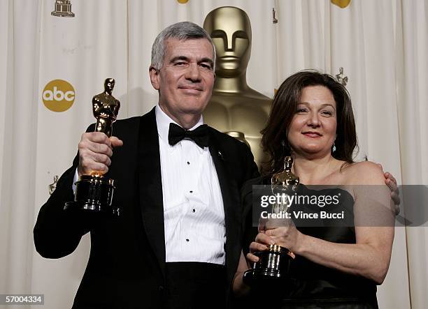 John Canemaker and Peggy Stern pose backstage with their Oscar statuette for Best Animated Short Film for the film "The Moon and the Son: An Imagined...