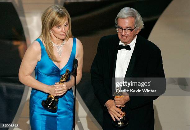 Writers Diana Ossana and Larry McMurtry accept the Adapted Screenplay award on stage during the 78th Annual Academy Awards at the Kodak Theatre on...