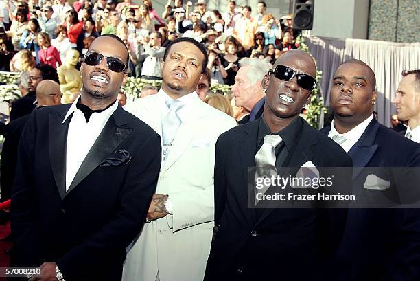 Three 6 Mafia, DJ Paul, Juicy J, Project Pat, and Crunchy Black arrive to the 78th Annual Academy Awards at the Kodak Theatre on March 5, 2006 in...