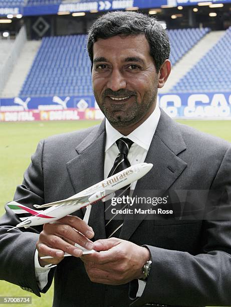 Sheik Ahmed bin Saeed Al-Maktoum chairman and chief executive of Emirates Airline poses after the press conference of Hamburger SV to present the New...