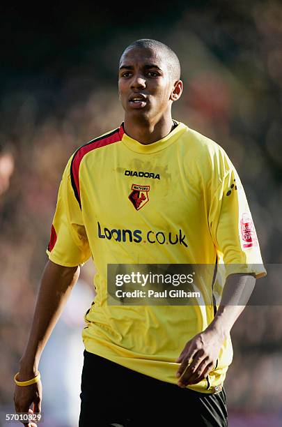Ashley Young of Watford in action during the Coca-Cola Championship match between Watford and Derby County at Vicarage Road on March 4, 2006 in...
