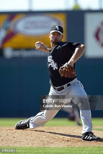 Javier Vazquez of the Chicago White Sox delivers a pitch during the game versus the Colorado Rockies at Hi-Corbett Field on March 2, 2006 in Tucson,...