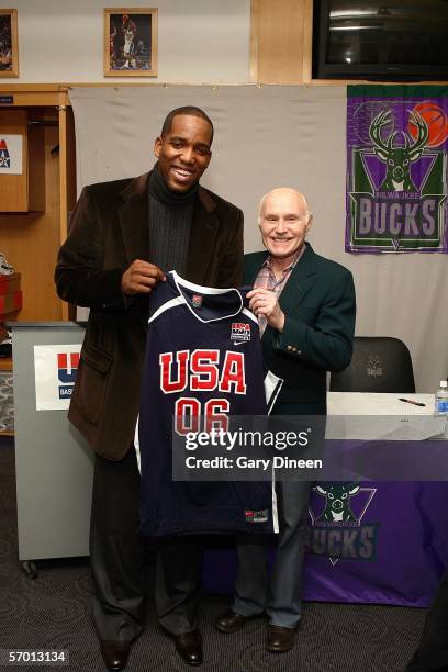 Michael Redd of the Milwaukee Bucks poses with team owner Senator Herb Kohl following a press conference announcing his acceptance of an invitation...