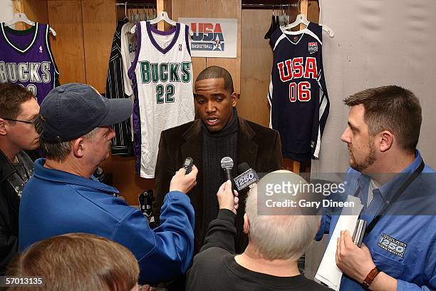 Michael Redd of the Milwaukee Bucks addresses the media during a press conference announcing his acceptance of an invitation to join USA Basketball's...