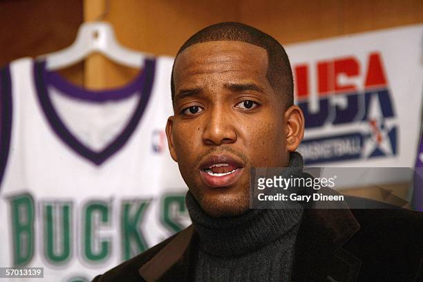 Michael Redd of the Milwaukee Bucks addresses the media during a press conference announcing his acceptance of an invitation to join USA Basketball's...