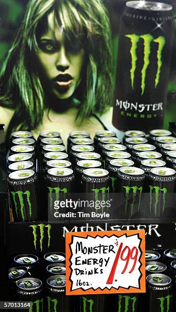 Bottles of energy drink, Monster, lie on display at a market March 6, 2006 in Des Plaines, Illinois. A new study reportedly links sugary sodas and...