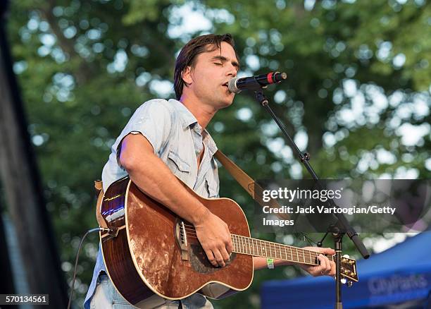 Uruguayan Latin Pop musician Jorge Drexler performs with his band at Central Park SummerStage, New York, New York, July 19, 2015.