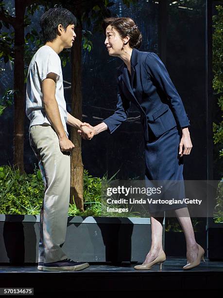 Japanese actors Nino Furuhata and Rie Miyazawa as perform at a photo call for the Ninagawa Company production of 'Kafka on the Shore' as part of...