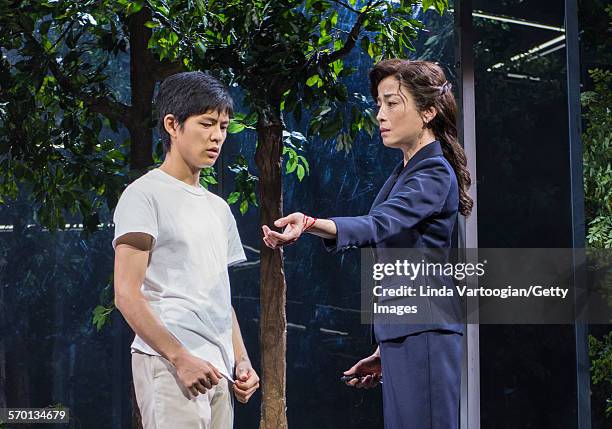 Japanese actors Nino Furuhata and Rie Miyazawa as perform at a photo call for the Ninagawa Company production of 'Kafka on the Shore' as part of...