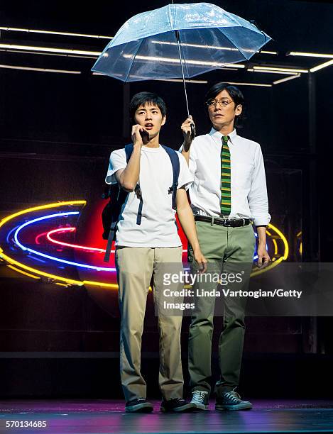 Japanese actors Nino Furuhata and Naohito Fujiki perform at a photo call for the Ninagawa Company production of Haruki Murakami's 'Kafka on the...