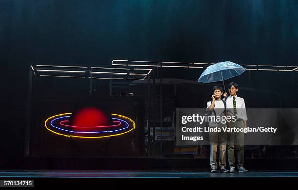Japanese actors Nino Furuhata and Naohito Fujiki perform at a photo call for the Ninagawa Company production of Haruki Murakami's 'Kafka on the...