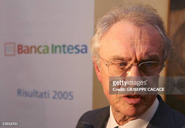 Banca Intesa President Giovanni Bazoli talks to journalists at the end of a press conference to present the full year 2005 report of Banca Intesa in...
