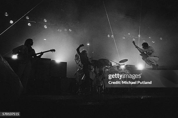 English rock group, The Who, performing at Charlton Athletic's football ground, The Valley, London, on the 'Who Put The Boot In' leg of their 1976...