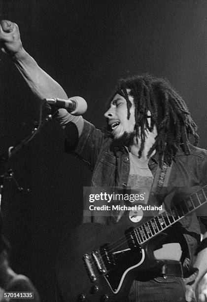 Jamaican reggae singer-songwriter Bob Marley performing with Bob Marley And The Wailers at Hammersmith Odeon, during the grpup's Rastaman Vibration...