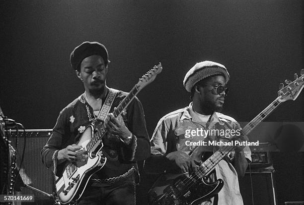 Guitarist Earl 'Chinna' Smith and bassist Aston Barrett performing with Jamaican reggae group Bob Marley And The Wailers, at the Hammersmith Odeon,...