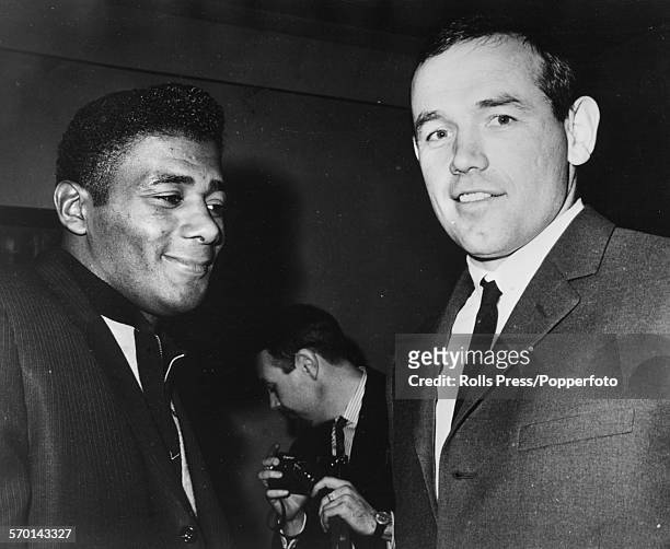 Heavyweight boxers and former adversaries, Floyd Patterson of the United States and Ingemar Johansson meet in Stockholm, Sweden as the former arrives...