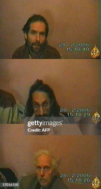 Combo of image grabs taken 07 March 2006 from a video broadcast by the pan-Arab Al-Jazeera satellite news channel shows two Canadians and a Briton...