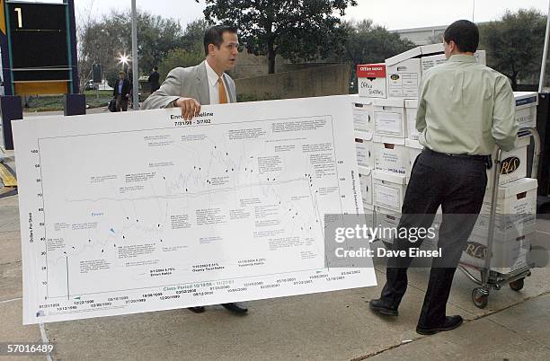 Lawyers carry a timeline chart and documents into the court of Judge Belinda Harmon for the Enron class action lawsuit, involving banks and...
