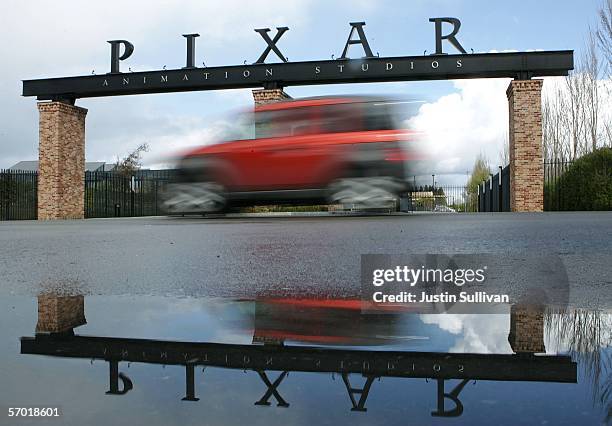 Car passes by the main gate to Pixar Animation Studios March 7, 2006 in Emeryville, California. Pixar is expected to show a fourth-quarter profit...