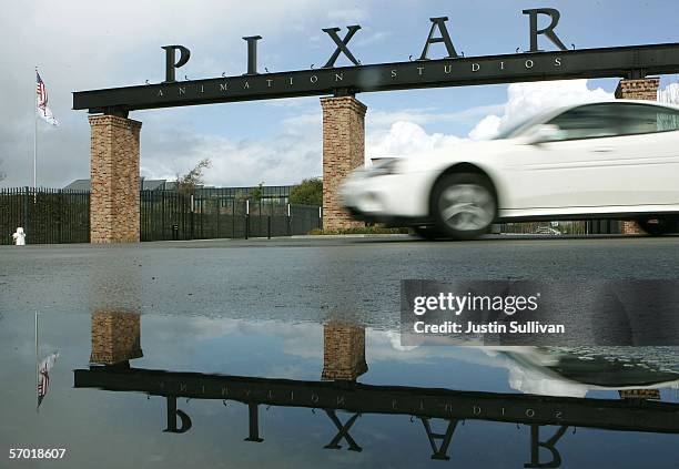 Car passes by the main gate to Pixar Animation Studios March 7, 2006 in Emeryville, California. Pixar is expected to show a fourth-quarter profit...