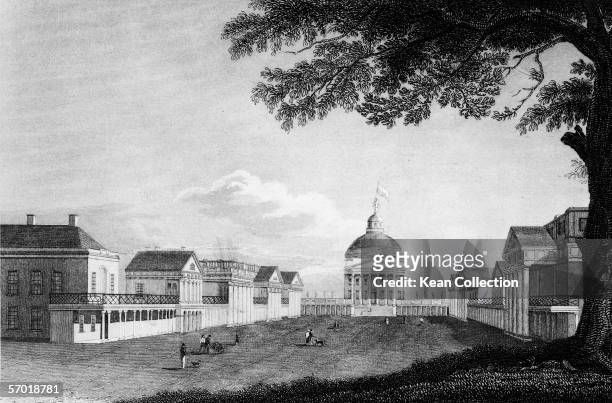 Engraving shows the main lawn and quadrangle of the campus of the University of Virginia, Charlottesville, Virginia, circa 1830s. The Thomas...