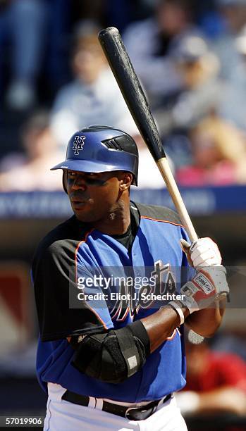 Designated hitter Cliff Floyd of the New York Mets bats against the Houston Astros during a spring training exhibition game at Tradition Field on...