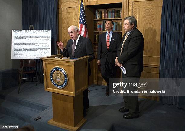 Representative Frank LoBiondo and Representative Duncan Hunter listen to Representative Jim Saxton during a news conference introducing the National...