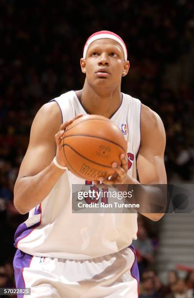 Charlie Villanueva of the Toronto Raptors shoots a free throw against the Portland Trail Blazers February 12, 2006 at the Air Canada Centre in...