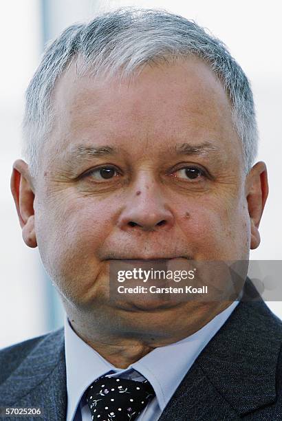 Polish P)esident Lech Kaczynski looks on at the Chancellery during a press statement with Chancellor Angela Merkel on March 08, 2006 in Berlin,...