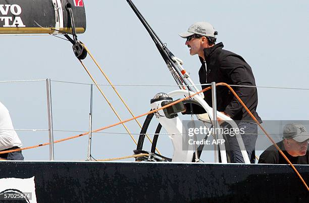 Wellington, NEW ZEALAND: Skipper Paul Cayard at the helm of Pirates of the Caribbean as they sail out of Wellington Harbour at the start of the...