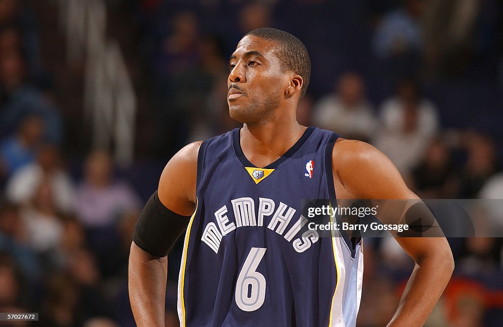 Eddie Jones of the Memphis Grizzlies stands on the court during the