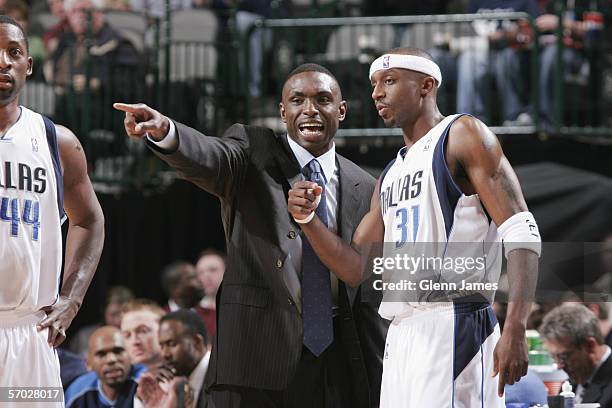 Head coach Avery Johnson of the Dallas Mavericks talks with Jason Terry during the game against the Miami Heat at American Airlines Arena on February...